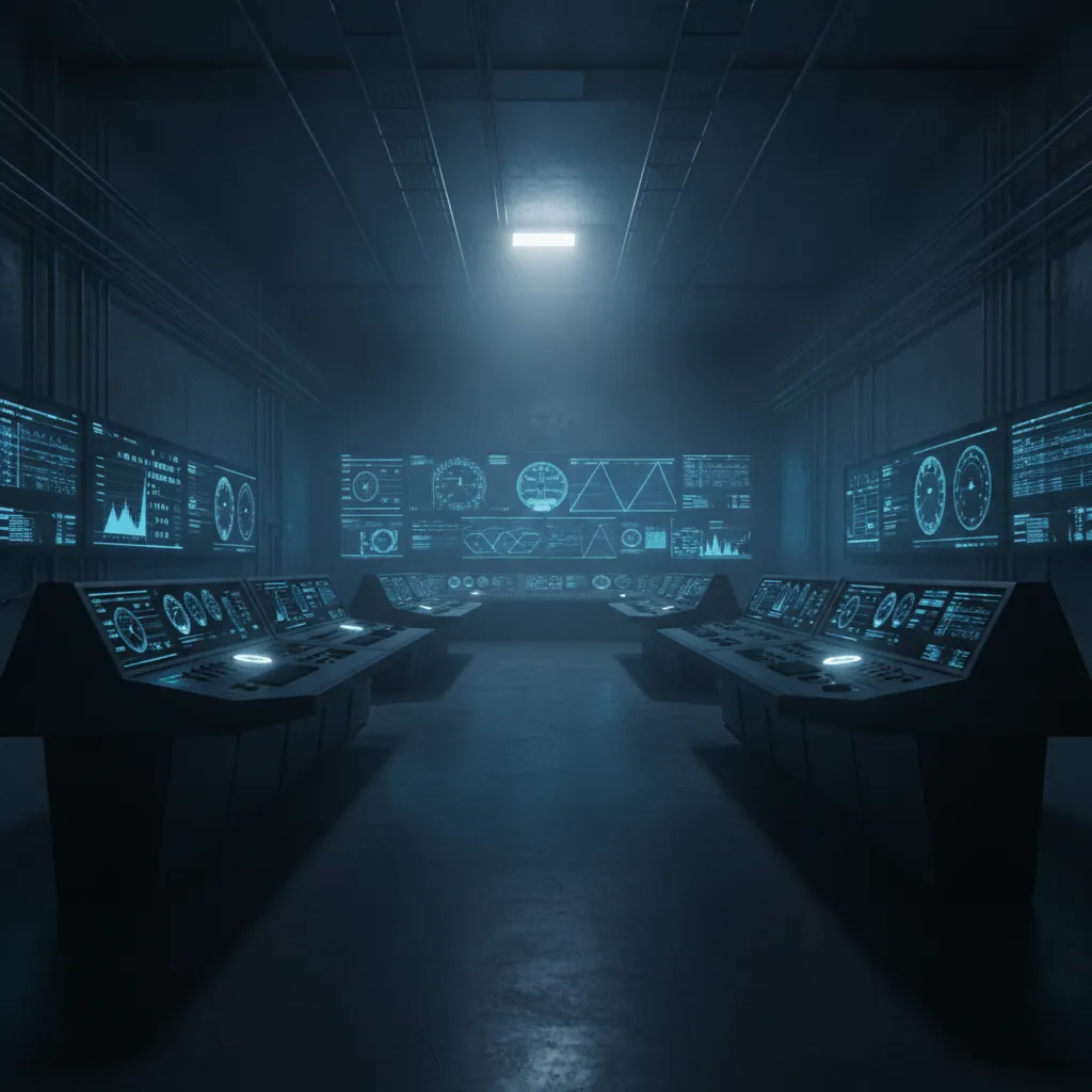 A darkened industrial control room lined with glowing blue monitors displaying gauges, dials, and process charts.
